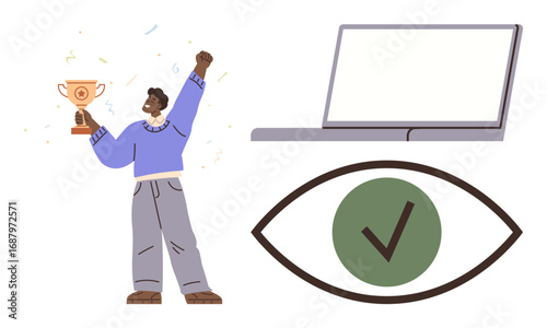 Person holding a trophy in victory pose, open laptop, and large green checkmark inside an eye. Ideal for achievement, validation, recognition, technology, education, motivation and success concept