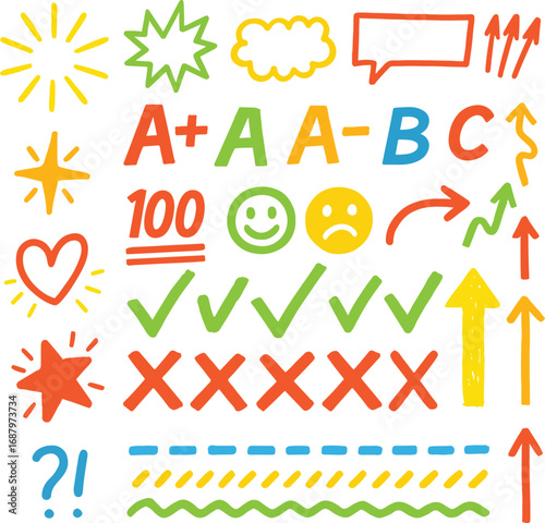 Hand-drawn doodle style vector set with arrows, symbols, hearts, stars, and highlights. Perfect for school notes, presentations, planners, and creative designs in an informal sketch style.