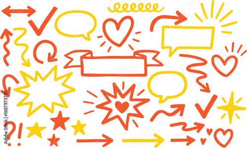 Hand-drawn doodle style vector set with arrows, symbols, hearts, stars, and highlights. Perfect for school notes, presentations, planners, and creative designs in an informal sketch style.