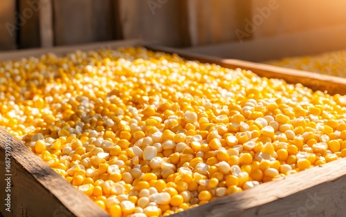 Golden Corn Kernels in Wooden Crate Abundant Harvest