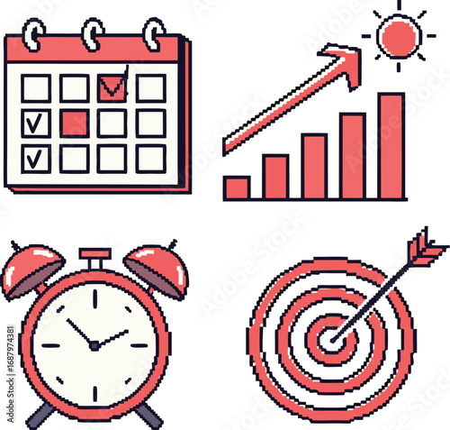 Pixelated icon pack of a calendar, bar chart, deadline clock, and target in retro 8-bit style.
