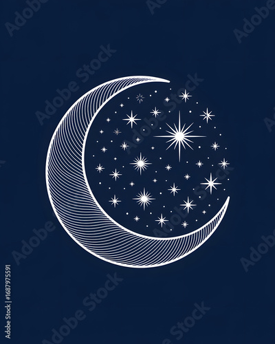 Crescent moon and stars on a dark blue background in line art style