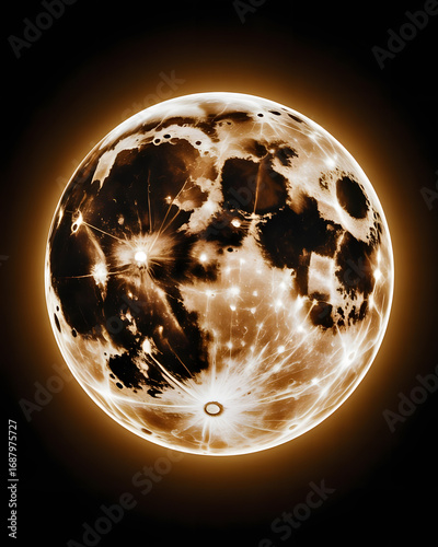 Full moon with glowing craters and dark spots on a black background
