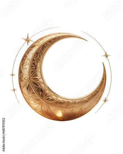 Golden crescent moon with stars isolated on transparent background, ramadan concept