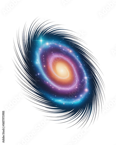 Colorful spiral galaxy isolated on transparent background with stars and cosmic dust