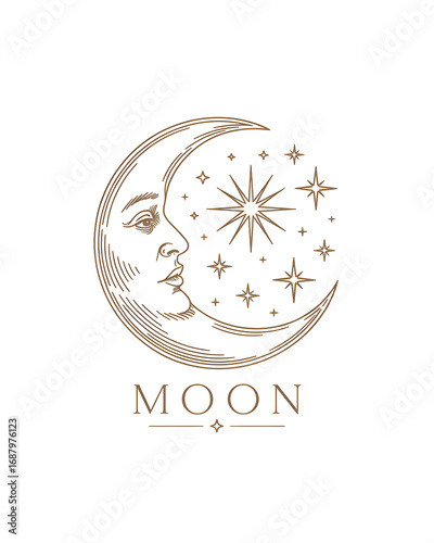 Engraved moon with face and stars isolated on transparent background illustration