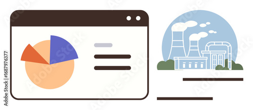 Pie chart on a browser screen for data tracking alongside a factory emitting smoke. Ideal for industrial analytics, environmental reporting, data visualization, energy monitoring, pollution