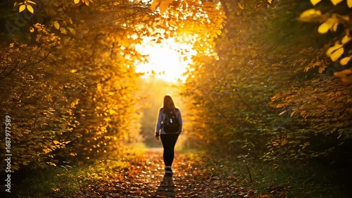 Lone person walking through a glowing autumn forest path.