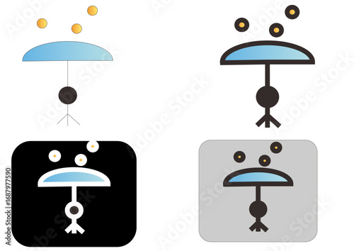 Set of modern flat design icons showing a stylized industrial robot holding a protective umbrella shield, symbolizing automated defense and technological safety against external elements