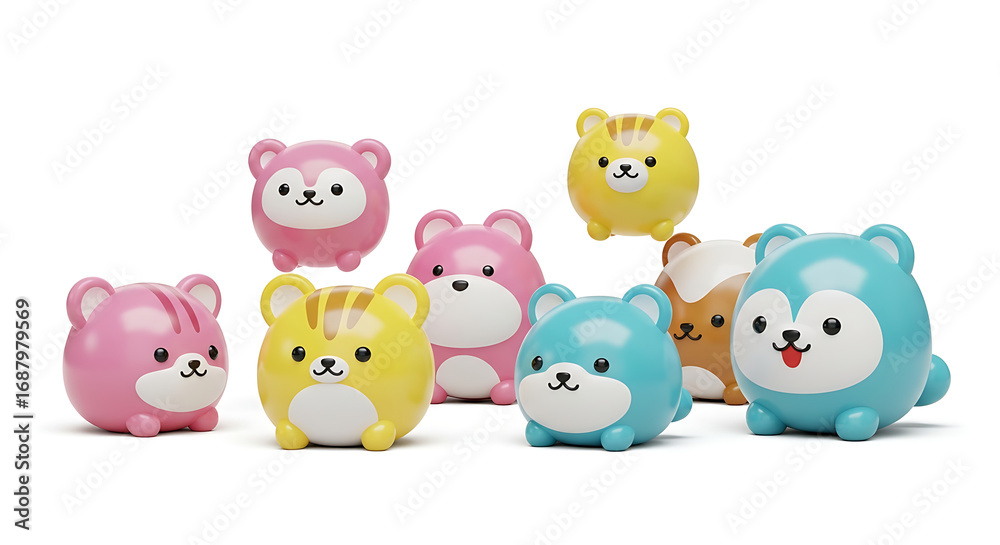 Obraz premium Collection of colorful, round, cartoon-style animal figures with smiling faces, including pink, yellow, blue, and brown variations, arranged on a white background.