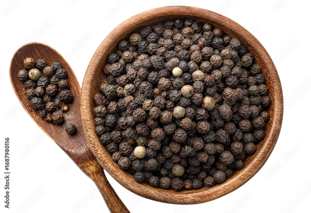 Wooden bowl filled with peppercorns, with a wooden spoon overflowing with peppercorns Wooden bowl filled with peppercorns, with a wooden spoon overflowing with peppercorns