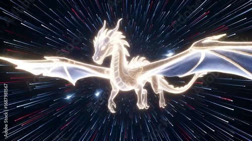 Dragon in Hyperspace: An abstract animation of a glowing dragon flying through hyperspace tunnel