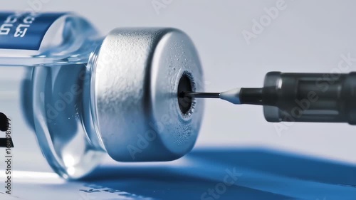 Close-up of a vaccine vial with a syringe poised to inject