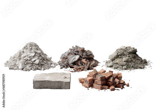 Four piles of construction debris and rubble