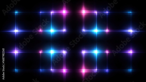 Symmetric grid of neon-colored, glowing square lights with starburst effects against a black background