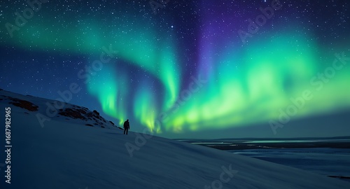 Wallpaper Mural Vibrant Aurora Borealis Illuminates Vast Snowy Arctic Landscape with Lone Figure Under Starry Night Sky Torontodigital.ca