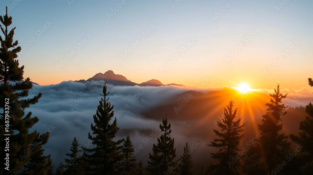 Obraz premium sunrise over misty mountain peaks
