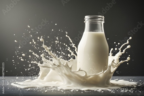 Dynamic milk splash frozen mid-air beside a clear glass bottle, capturing refreshing purity and healthy beverage energy for vibrant marketing.