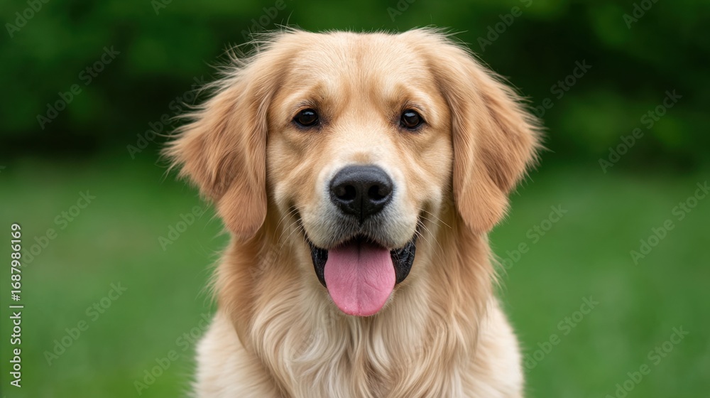 Obraz premium Adorable Golden Retriever Dog with Playful Expression Against a Soft Green Background, Perfect for Pet Lover Themes in Photography and Marketing