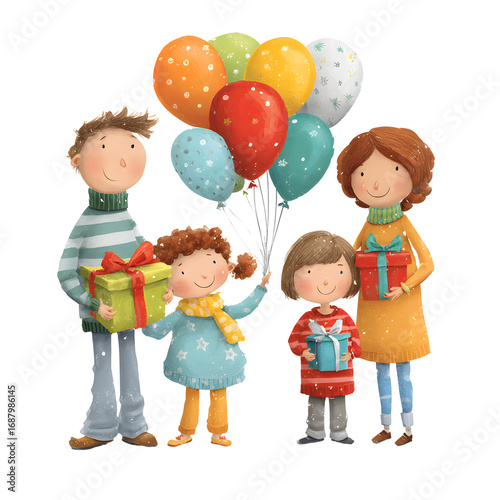 A happy family celebrates with gifts and colorful balloons in a festive gathering, sharing joy together.