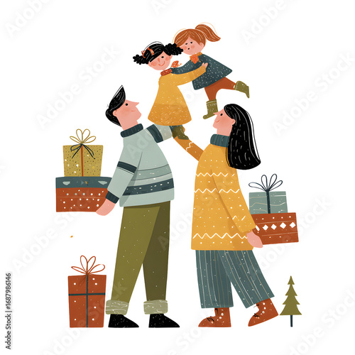 Family celebrates with love and gifts, creating cherished holiday memories together in a festive setting.