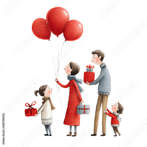 Family celebrates with gifts and balloons in an heartwarming moment of togetherness and affection.