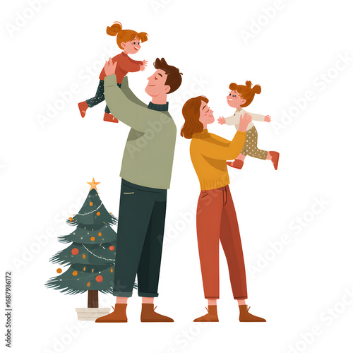 Family enjoying holiday time; parents lifting their daughters next to a decorated festive tree.