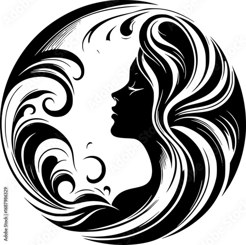 Minimalist black and white vector icon of a woman’s side face in abstract style, clean lines, modern, scalable, ideal for logos or stickers.