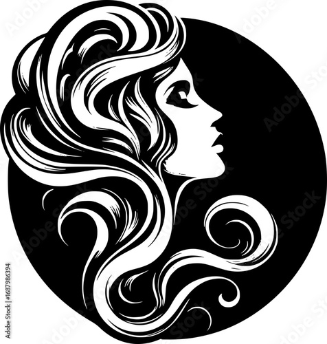 Minimalist black and white vector icon of a woman’s side face in abstract style, clean lines, modern, scalable, ideal for logos or stickers.