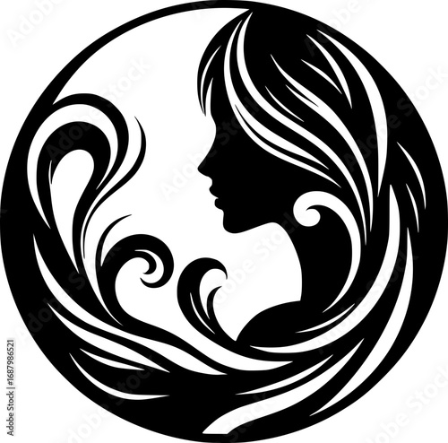 Minimalist black and white vector icon of a woman’s side face in abstract style, clean lines, modern, scalable, ideal for logos or stickers.