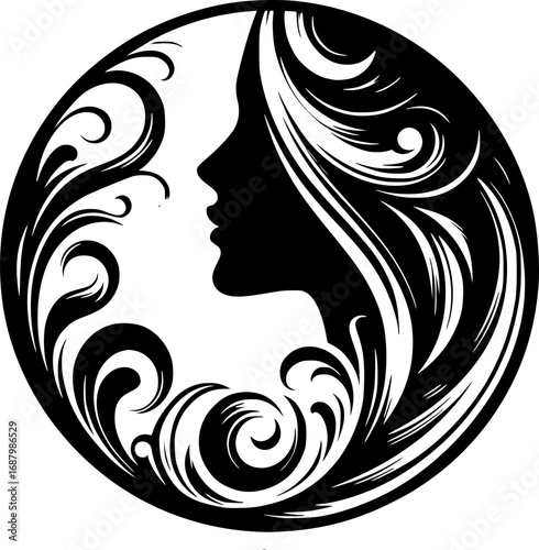 Minimalist black and white vector icon of a woman’s side face in abstract style, clean lines, modern, scalable, ideal for logos or stickers.