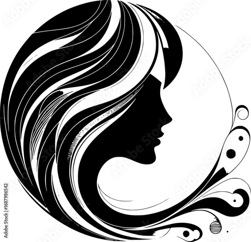 Minimalist black and white vector icon of a woman’s side face in abstract style, clean lines, modern, scalable, ideal for logos or stickers.