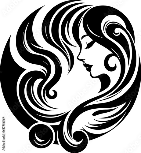 Minimalist black and white vector icon of a woman’s side face in abstract style, clean lines, modern, scalable, ideal for logos or stickers.