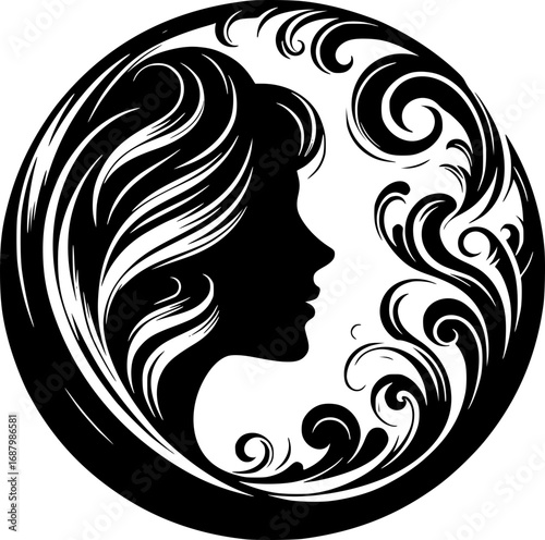 Minimalist black and white vector icon of a woman’s side face in abstract style, clean lines, modern, scalable, ideal for logos or stickers.