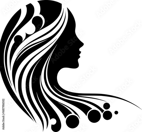 Minimalist black and white vector icon of a woman’s side face in abstract style, clean lines, modern, scalable, ideal for logos or stickers.