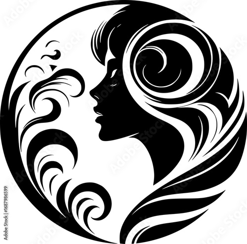 Minimalist black and white vector icon of a woman’s side face in abstract style, clean lines, modern, scalable, ideal for logos or stickers.
