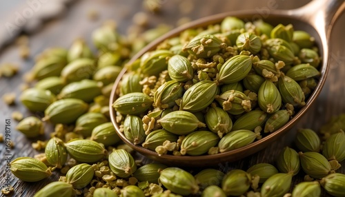 Green cardamom pods and seeds displayed in copper spoon, rich texture, warm light, photorealistic close-up, no text.