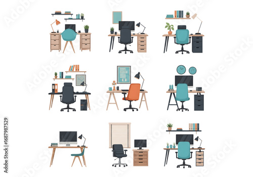 Home Office Workspace Desks and Chairs Illustration PNG on Transparent Background