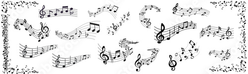 Music notes wave. Flowing musical staff lines with notes, clefs and melody rhythm patterns in dynamic circular, spiral and wavy shapes. Vector set 