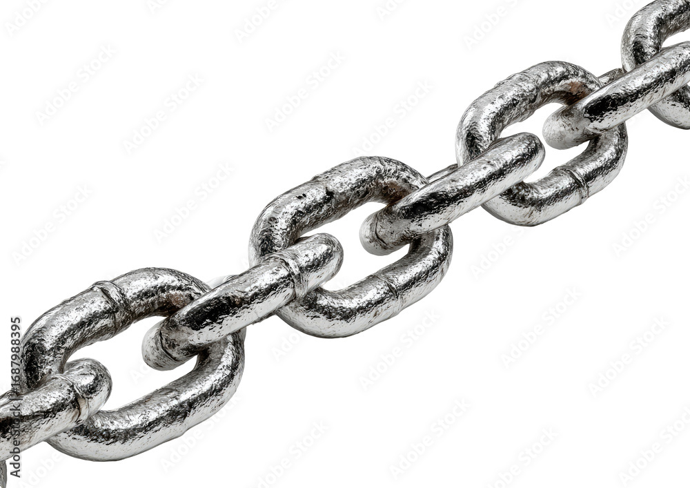 Obraz premium Close-up of a metal chain, links in a diagonal line against a black background. A section of a heavy-duty chain, showing wear and texture
