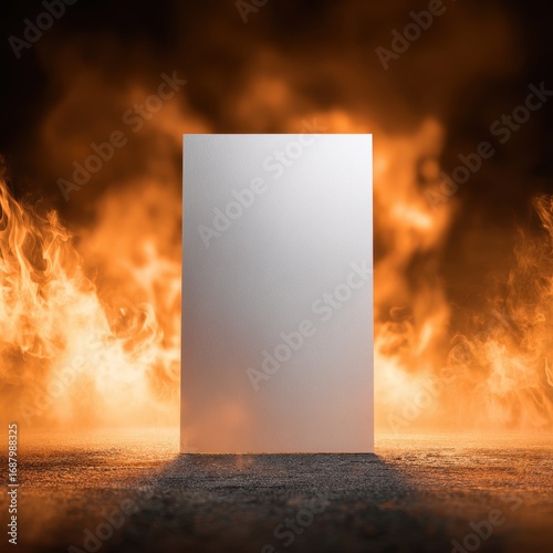 Vertical A4 paper mockup with fire flames background — dramatic branding template