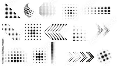 Dotted shape. Abstract halftone dot pattern with half tone gradient shapes. Vector set