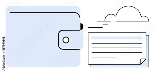 Wallet and files transitioning to cloud storage with motion lines, symbolizing digital transformation. Ideal for finance, data transfer, cloud storage, technology, digital payments, cybersecurity