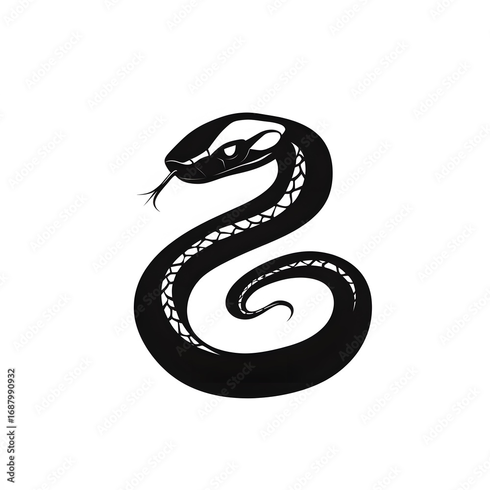 Obraz premium Stylized Black Silhouette of a Coiled Serpent with Forked Tongue Extended.
