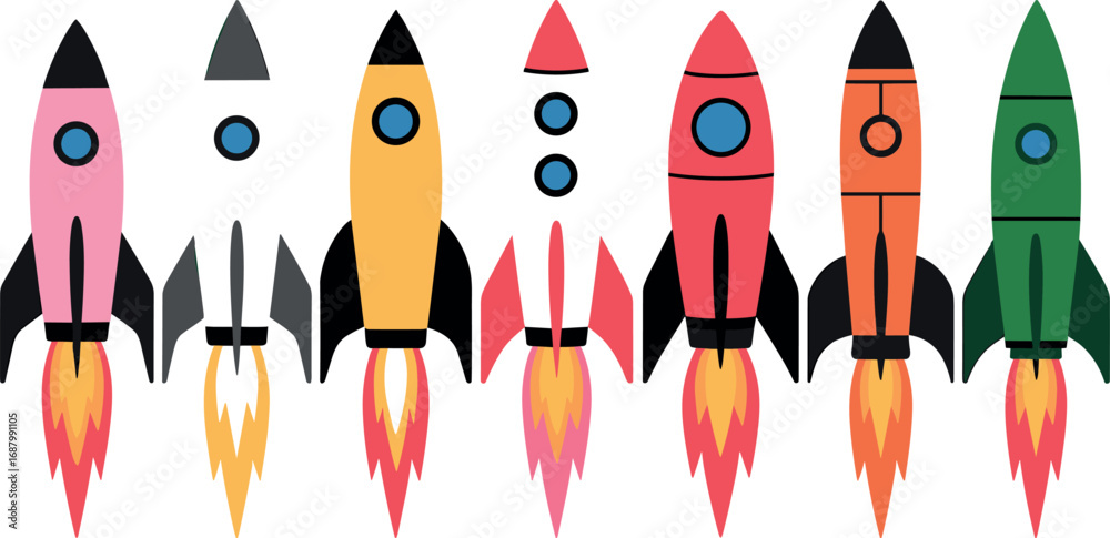 Fototapeta premium Collection of colorful cartoon rockets launching with flames spaceship space