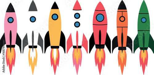 Collection of colorful cartoon rockets launching with flames spaceship space