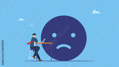 Unhappy businessman working with depressed sad shadow. Unhappy employee, dissatisfied work, busy overworked or worried with anxiety depressed, miserable or disappointed career, anxious or burnout.