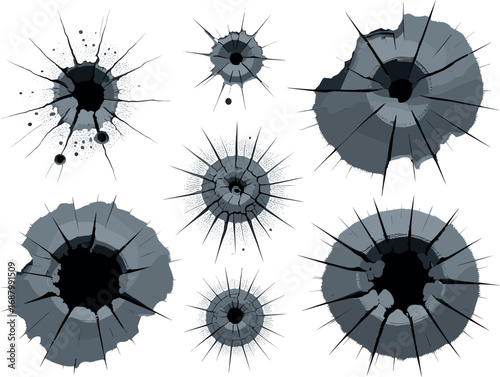Collection of seven grey and black bullet holes on white background impact damage