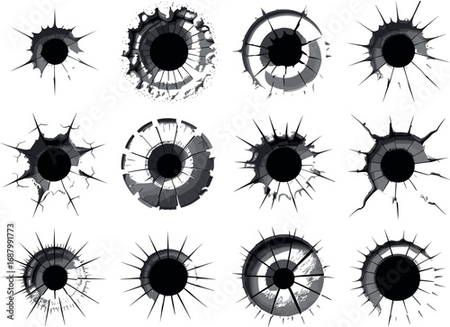 Collection of twelve black and grey bullet hole graphics on white background impact damage