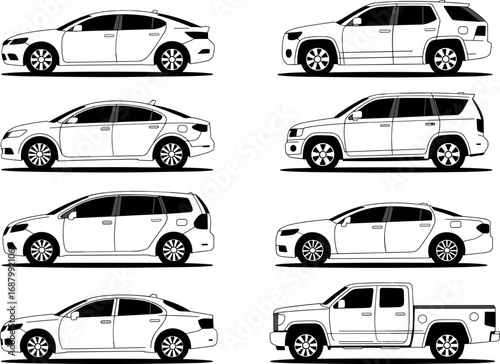 Collection of white car outlines including sedan hatchback S U V and pickup truck automobile